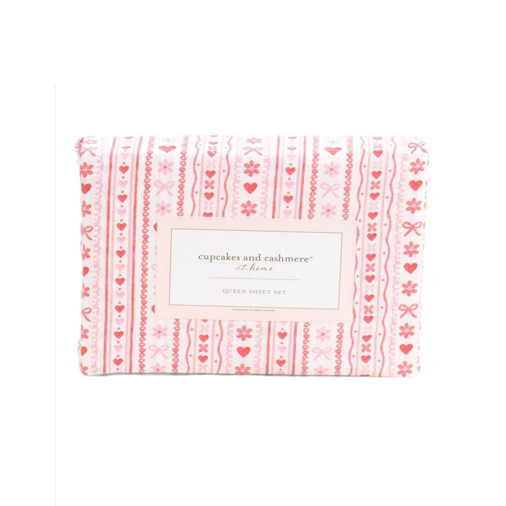 Cupcakes and Cashmere Love Crazy Striped Queen Sheet Set Pink Red Hearts Bows